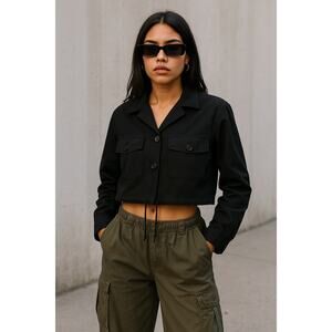 Vintage Ralph Lauren Cropped Utility Cargo Jacket Hong Kong Cotton Medium Black